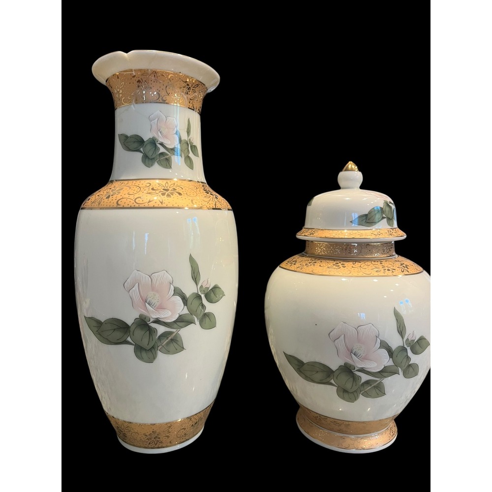 Vintage Japanese Porcelain Vase and Ginger Jar Set Gold Camellia Floral Bird
